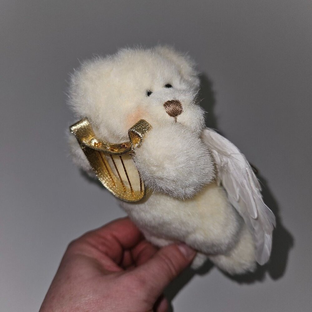 Russ Ivory Teddy Bear Angel Plush 5.5" Christmas Tree Ornament Gold Harp w/TAG